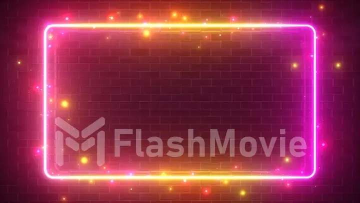 Rectangular neon sparkling luminous form on the background of a brick reflective surface. Modern ultraviolet fluorescent light spectrum. 3d illustration