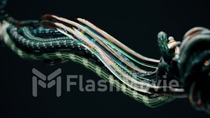 Wires, ropes, ropes and tubes on a dark background. Close-up. Splash, undulating motion. Knot. Tangled. 3d animation