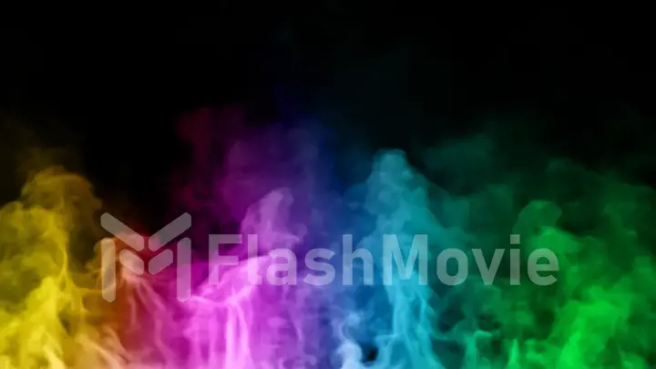 Multicolored steam spins and rises from below. Colorful line smoke rises from a large pot, which is located behind the frame. Isolated 3d illustration black background.