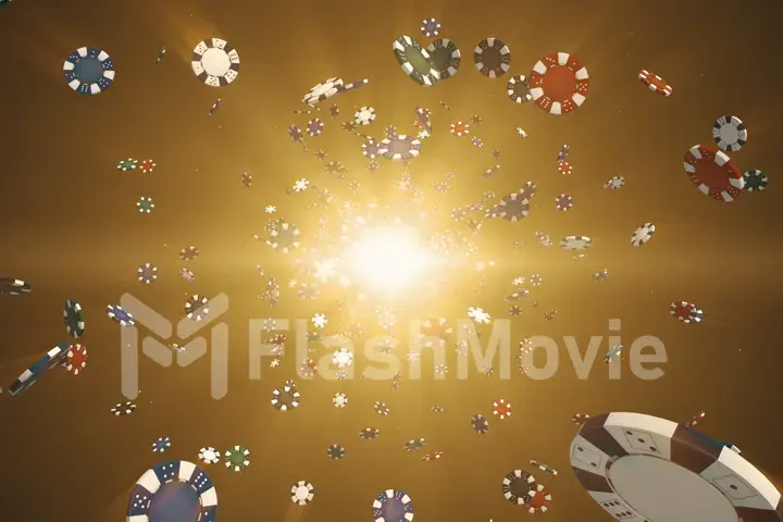 Flying casino chips in camera with rays of light on a colorful background 3d illustration