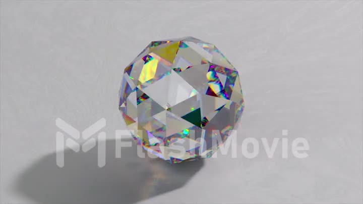 A big diamond lies on a white surface. Changing lighting. Shadow. rainbow light. 3d animation of a seamless loop.