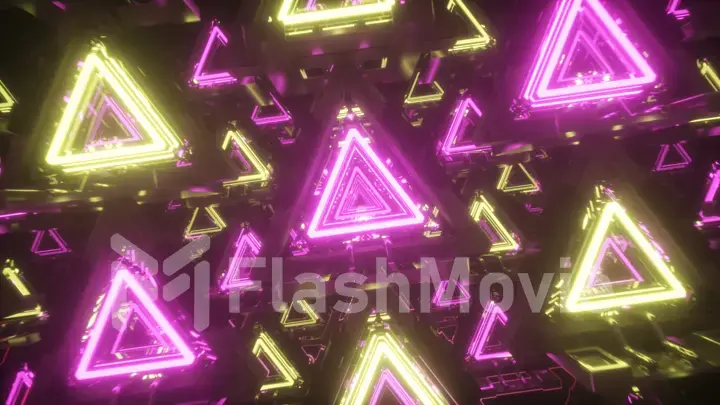 Abstract flying in metal futuristic corridor with triangles, fluorescent ultraviolet light, laser neon lines, geometric endless tunnel, yellow pink spectrum, 3d illustration