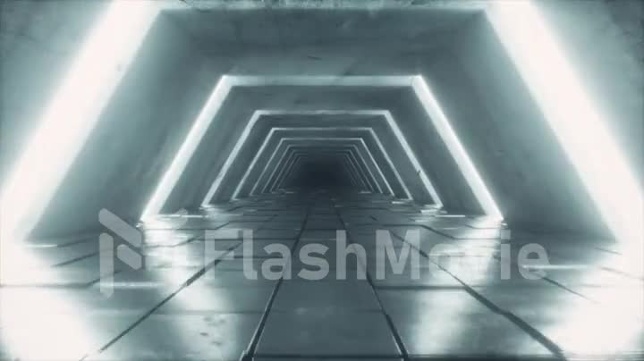 Flying in futuristic tunnel with fluorescent ultraviolet lights
