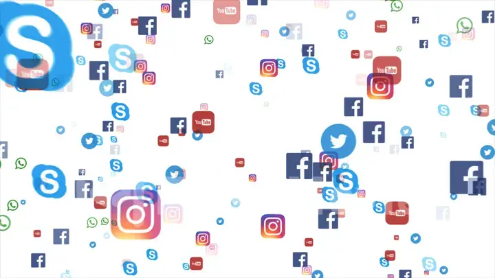 Background of famous social media icons such as: Facebook, Twitter, Instagram, YouTube, WhatsApp, Skype.