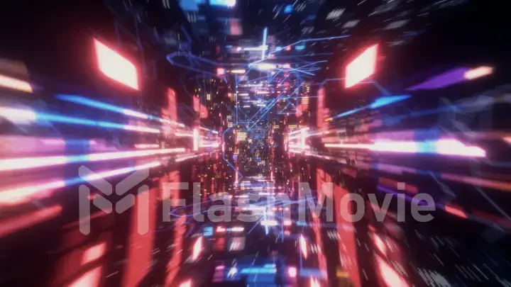 Flying in the chaotic technological futuristic space tunnel. Animation for music videos, nightclubs, audiovisual shows and performance, LED screens and projection cards. 3d illustration