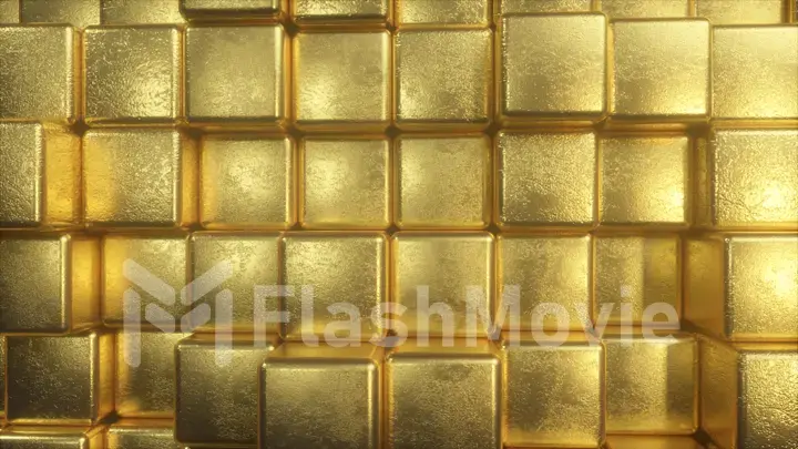 Beautiful abstract golden cubes. The golden wall of blocks is moving. 3d illustration