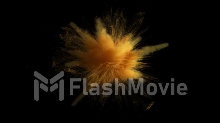 Super slow motion of gold yellow colored powder explosion isolated on black background. Super slow motion 3d render