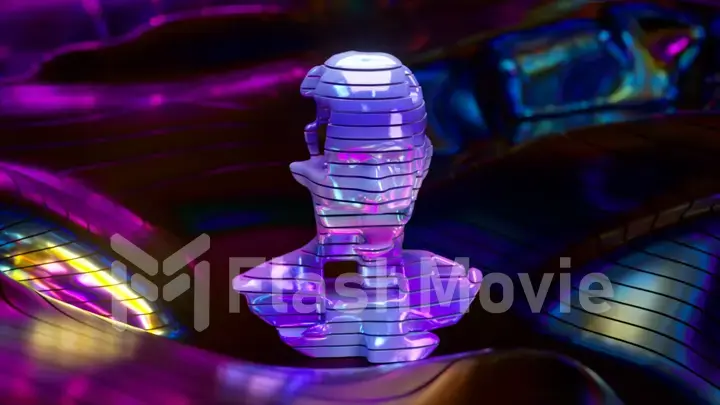 AI concept. Model of a human head with parts in the middle of a metal room. Multicolored metal surface. Rainbow