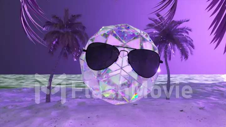 The diamond sphere in black glasses moves to the music, Palms and illuminations in the background. Pink, purple neon