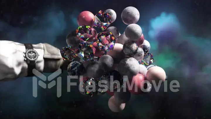 3D visualization of space objects grouped together under the force of gravity. Planets. Diamonds. The astronaut's hand