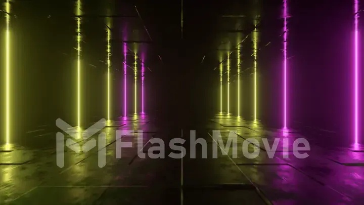 Futuristic sci fi bacgkround. Pink yellow neon lights glowing in a room with concrete floor with reflections of empty space. Alien, Spaceship, Future, Arch. Progress. 3d illustration