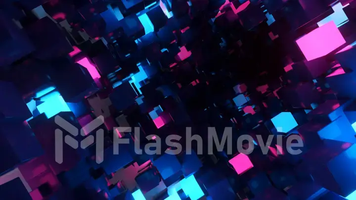 Abstract flying in futuristic corridor background, fluorescent ultraviolet light, glowing colorful neon cubes, geometric endless tunnel, blue purple spectrum, 3d illustration