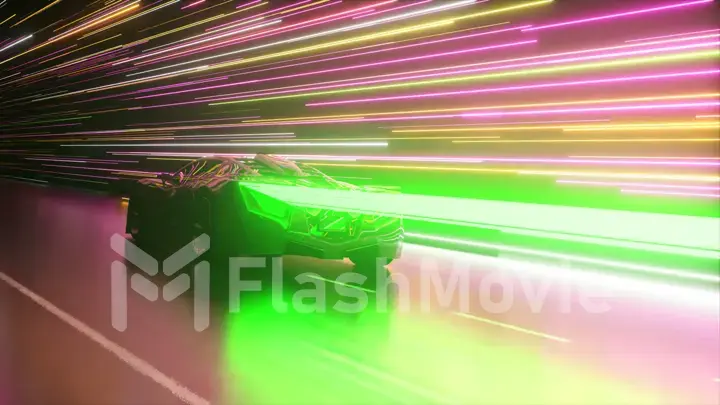 Futuristic concept. Sports car on the background of glowing neon lines. Green neon laser. 3d Illustration