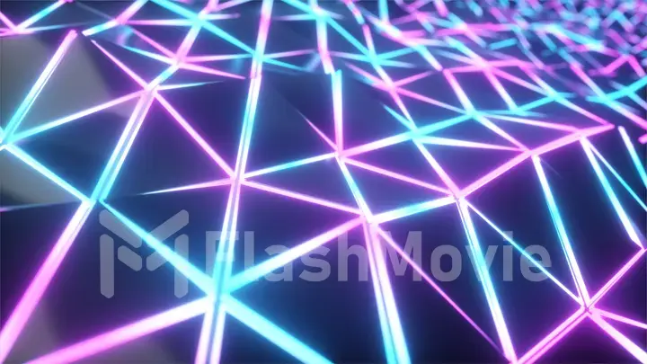 Abstract cg polygonal neon blue surface. Geometric poly light triangles motion background. 3d illustration