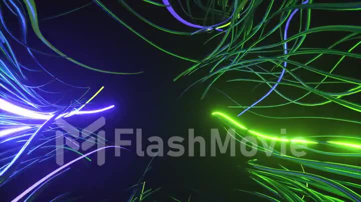 Wires move in wave motions on a black background. Flashes of neon light. Green blue color. 3d animation of seamless loop