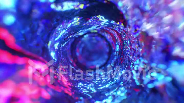 Swirling water funnel in neon lighting. Round water tunnel. Blue color. 3d animation of a seamless loop.
