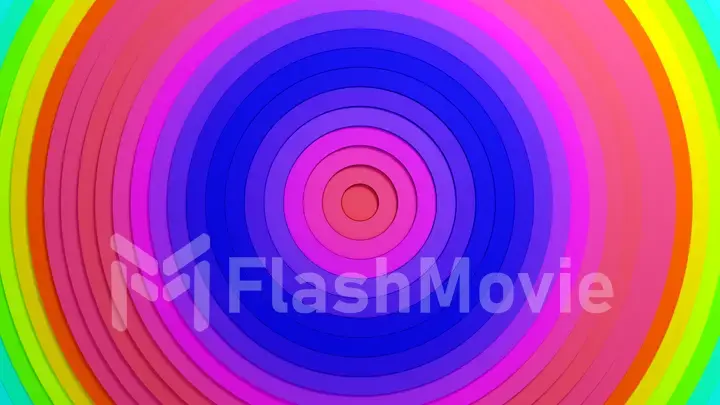 Abstract circles pattern with offset effect and smooth rainbow gradient. Animation of multi-colored clean rings. Abstract background for business presentation. 3d illustration