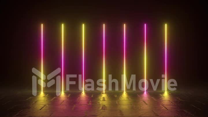 Vertical luminous lines, ultraviolet spectrum, orange neon lights, laser show, nightclub, equalizer, abstract fluorescent background, optical illusion, virtual reality. Seamless loop