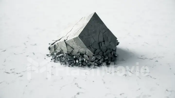 A cube of stone shatters into thousands of small pieces in slow motion. Destruction concept 3d illustration