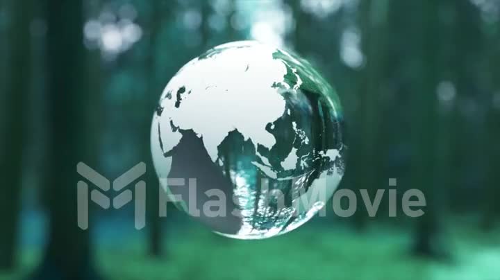 Glass globe rotates in the forest. Earth Day. Concepts of nature and ecology. 3d animation of seamless loop
