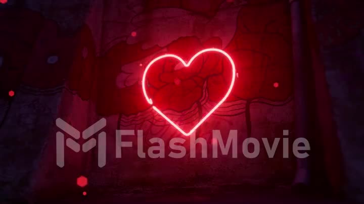 Red neon heart flashes on a large wall with a flower pattern. Red rhombus-shaped particles fly around.