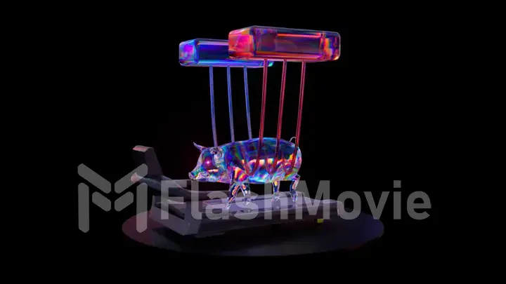 Abstract concept. The Diamond Pig is connected to the apparatus upstairs. Exercise on a treadmill. Sport.