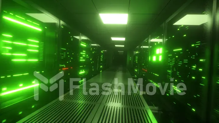 Endless flight along server blocks. Data center and internet. Server rooms with working flickering panels behind the glass. Technology corridor. Camera shaking. 3d illustration