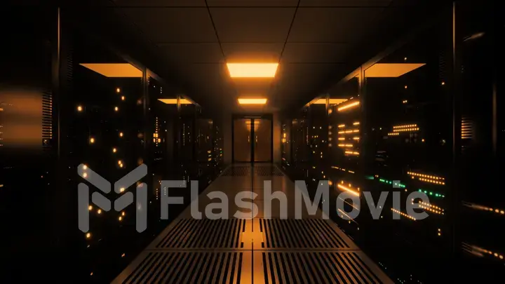 Big data servers. Data Solutions. Server room with working flickering panels behind the glass. Data center and internet. 3d illustration