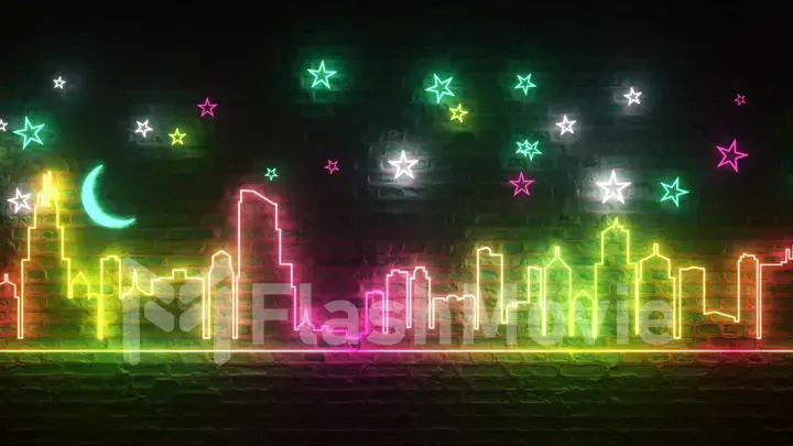 Shimmering neon night city against a brick wall with stars and the moon. Night city concept. 3d illustration