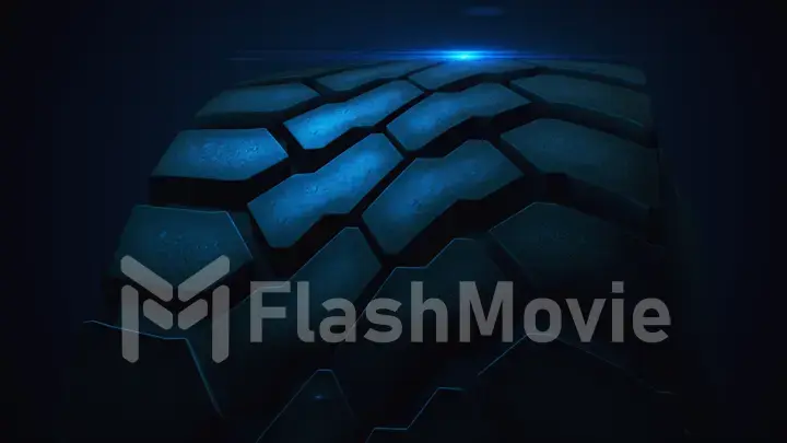 Close up car tire in slow motion with lens flare 3d illustration