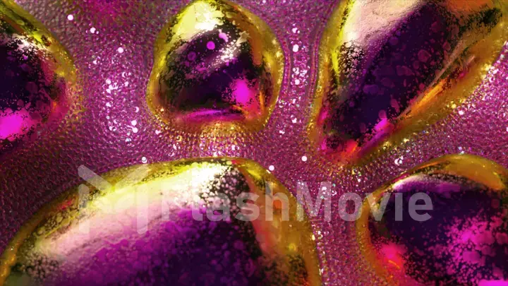 Stream of diamond glowing bubbles. Colored metal objects. Pink gold neon color. Slow motion. Mirror surface. Advertising