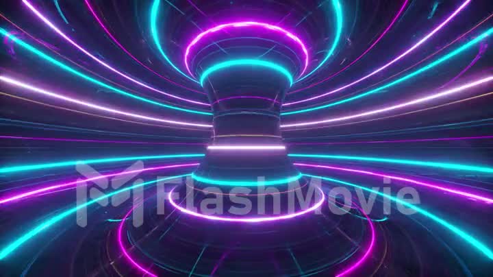 Abstract futuristic neon background with rotating glowing lines, speed of light, ultraviolet rays, twisted electromagnetic vortex. Animation of seamless loop