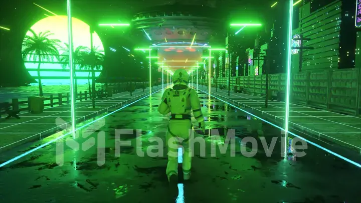An astronaut runs down the street in a neon city. 80s background. Retro style. Futuristic concept. 3D illustration