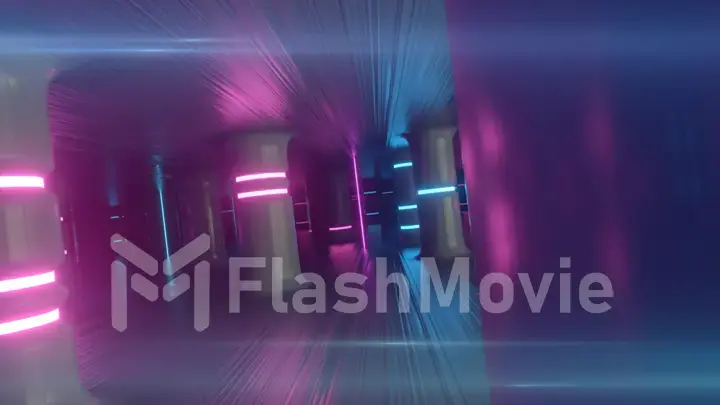 Fly through a futuristic corridor along neon glass pillars and columns. Modern ultraviolet neon glow. 3d illustration