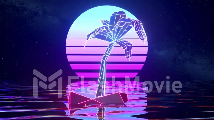 Retro concept. Album's cover. Palm tree on a neon sunset background. Water surface. Blue pink color. 3d illustration