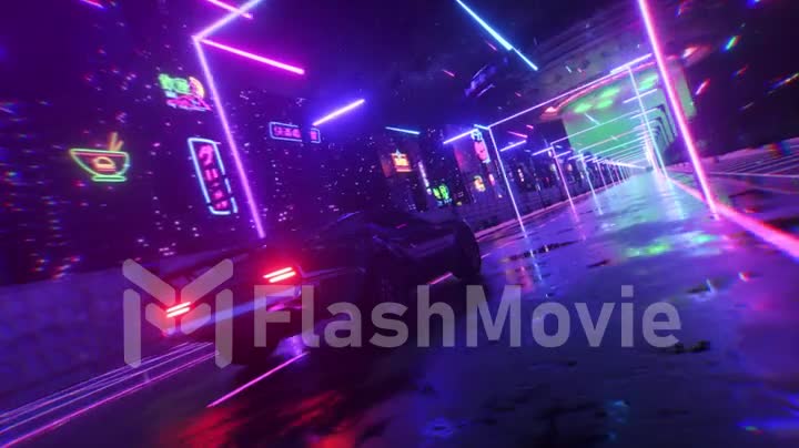 Car and city in neon style. 80s retro wave background 3d animation. Retro futuristic car drive through neon city. 3d animation of seamless loop