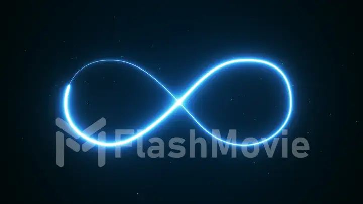 blue magic glowing light infinity sign swirl trail on black background. Blue neon glitter fire spark spiral wavy line