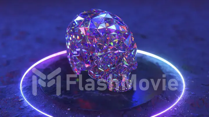 The concept of contemporary art demonstration. The diamond skull stands on a black glossy platform with a neon circle.