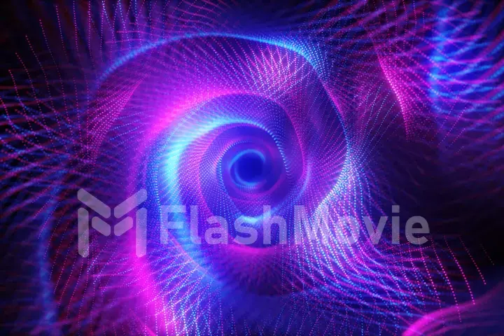 Abstract technological flight in digital space. Bright neon dots forming a data transmission tunnel. Modern ultraviolet blue purple light spectrum. 3d illustration