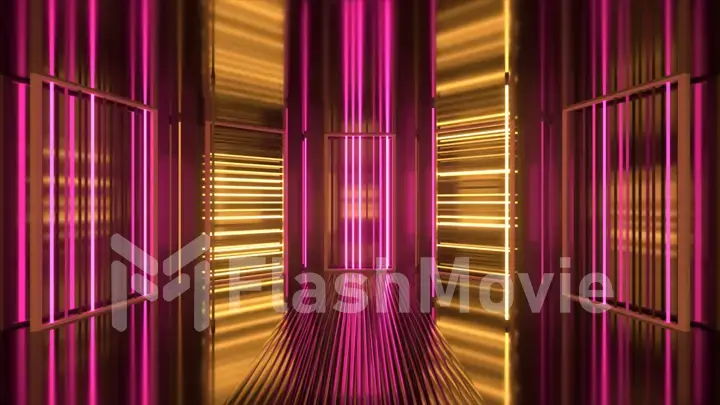 Neon background. Purple and yellow neon background appears and disappears. Bright live neon background. Metallic room. 3d illustration