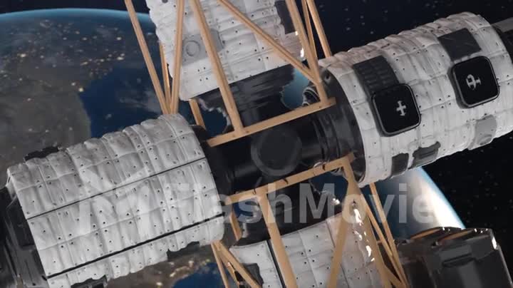 Space travel animation concept. Shuttle. Close-up view of a spaceship. Flight of the ISS over the atmosphere. Universe