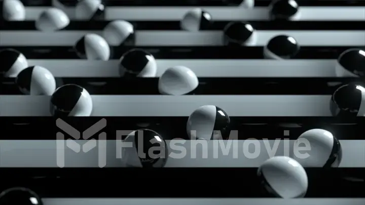 Bright colorful background with rolling balls along the paths. Plastic ball rolling in geometry deepening. 3d illustration