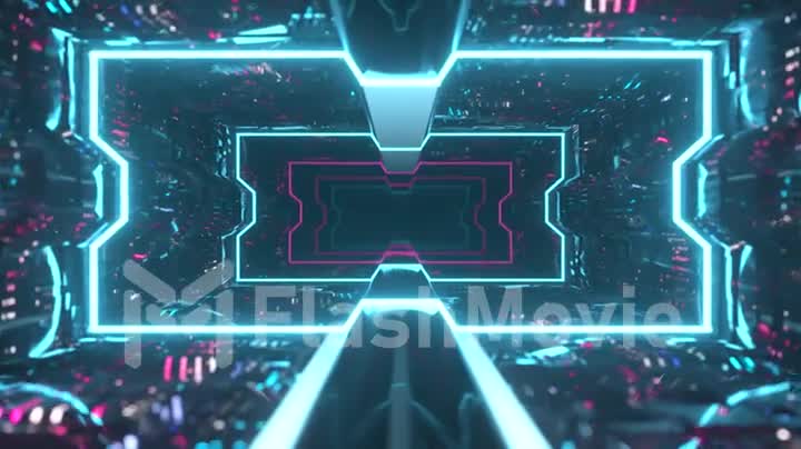 Futuristic animation of flying through a blue tunnel with neon lights. 3d animation of seamless loop