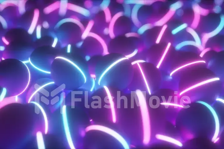 3D illustration of a pile of abstract neon ultraviolet colorful glow spheres and balls, rolling and falling.
