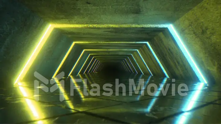Flying in a modern futuristic empty sci-fi night corridor. Retro alien ship in the shape of a hexagon corridor with cold blue luminous neon lights with a square floor. 3d illustration