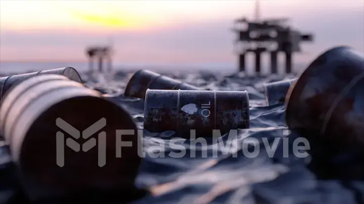 Oil concept. Embargo. Empty oil barrels float in a sea of oill against the backdrop of oil rigs. Ecological catastrophy