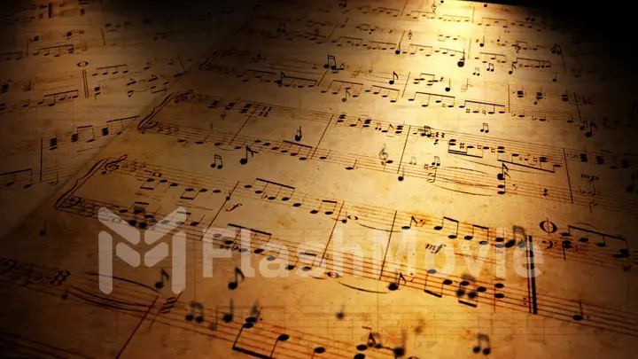 Atmospheric music background with notes on old brown paper 3d illustration