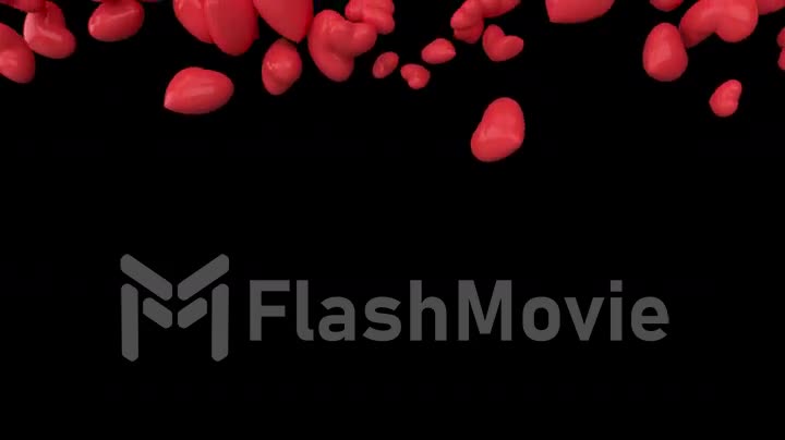 Falling dynamic red hearts filling the screen on isolated black background. 3d animation