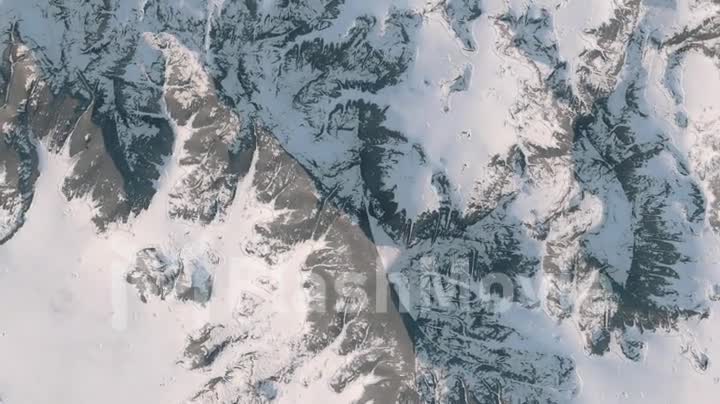Aerial view of a snowy mountain range, with a winding road. View from above. Natural landscape 3d render