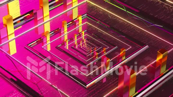 Abstraction concept. Square chip. Platform. Rectangles. Pink yellow color. 3d animation of seamless loop